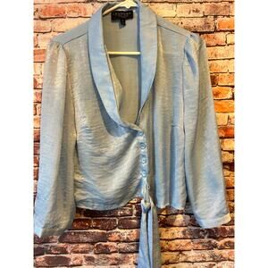 Laundry by Shelli Segal satin blue cropped front tie blouse women's size medium